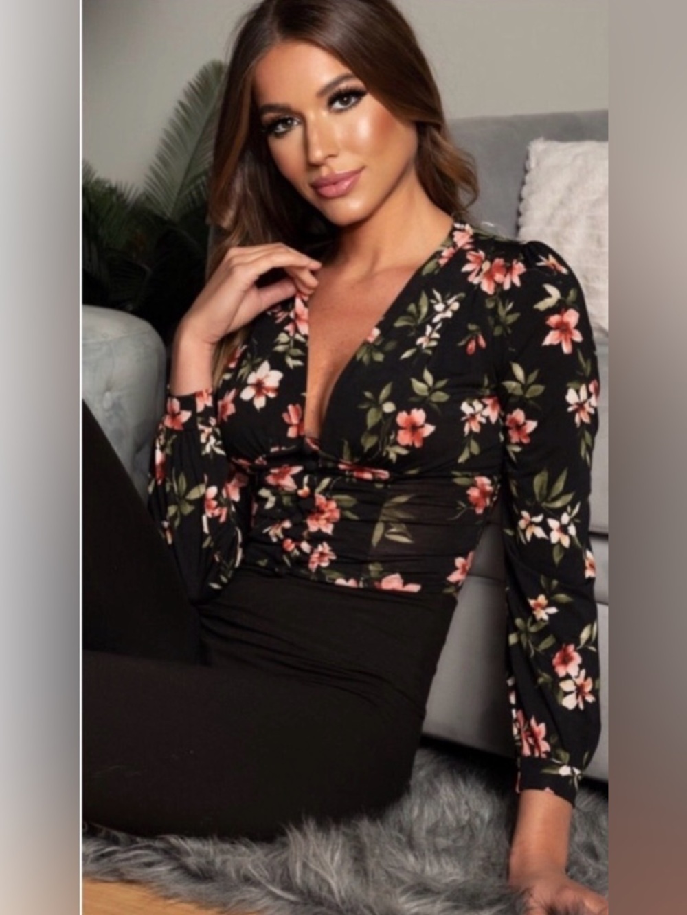 New Women’s Sexy V-neck Long Sleeves Black Cropped Blouse, Pretty Floral Print